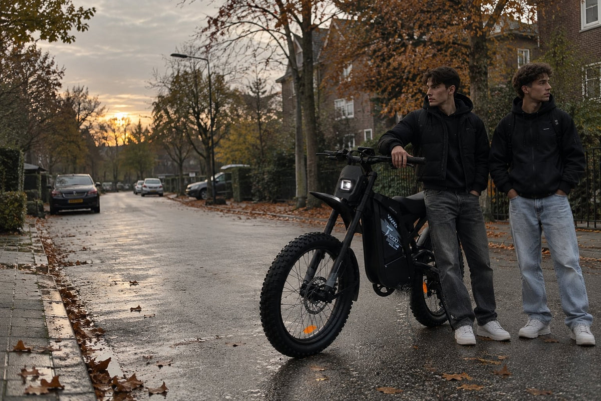 Twee jonge mannen bij een OUXI GT-2000 elektrische dirtbike op een Nederlandse straat bij zonsondergang